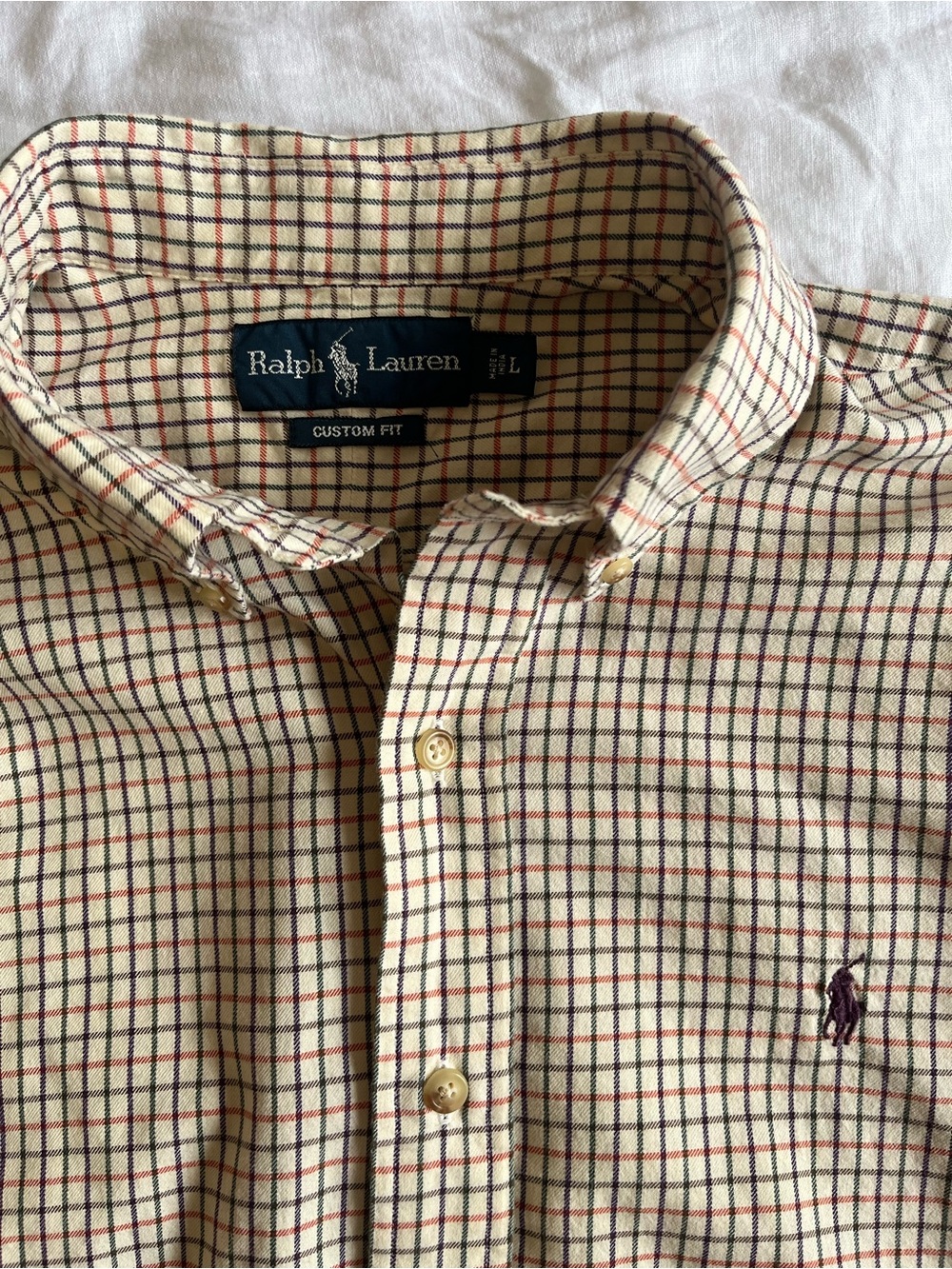 Ralph Lauren Cream Button-Down Plaid Shirt with Red & Navy Checks